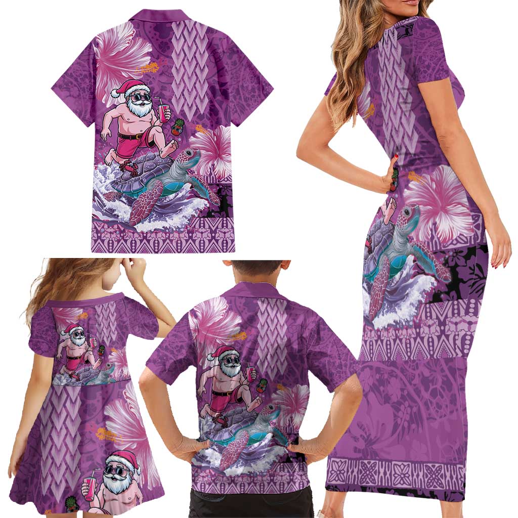 Hawaii Mele Kalikimaka Family Matching Short Sleeve Bodycon Dress and Hawaiian Shirt Funny Santa with Tribal Tattoos Kakau Purple Color - Polynesian Pride