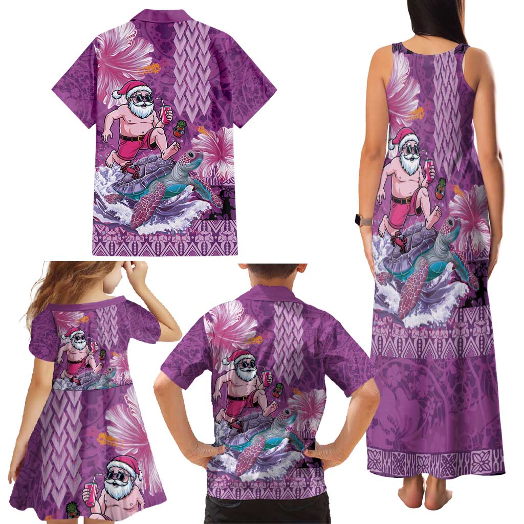 Hawaii Mele Kalikimaka Family Matching Tank Maxi Dress and Hawaiian Shirt Funny Santa with Tribal Tattoos Kakau Purple Color - Polynesian Pride