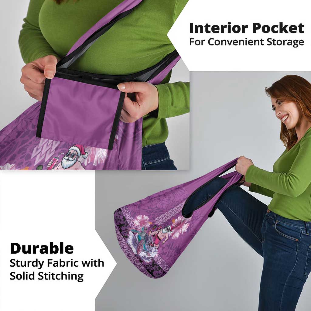 Hawaii Mele Kalikimaka Grocery Bag Funny Santa with Tribal Tattoos Kakau Purple Color - Polynesian Pride