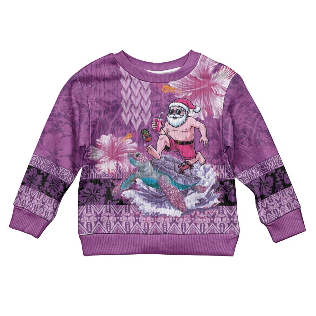 Hawaii Mele Kalikimaka Kid Ugly Christmas Sweater Funny Santa with Tribal Tattoos Kakau Purple Color - Polynesian Pride