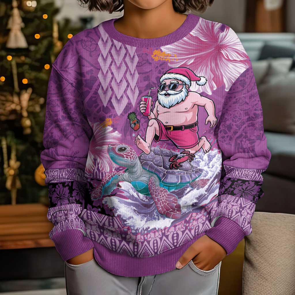 Hawaii Mele Kalikimaka Kid Ugly Christmas Sweater Funny Santa with Tribal Tattoos Kakau Purple Color - Polynesian Pride