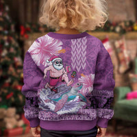 Hawaii Mele Kalikimaka Kid Ugly Christmas Sweater Funny Santa with Tribal Tattoos Kakau Purple Color - Polynesian Pride