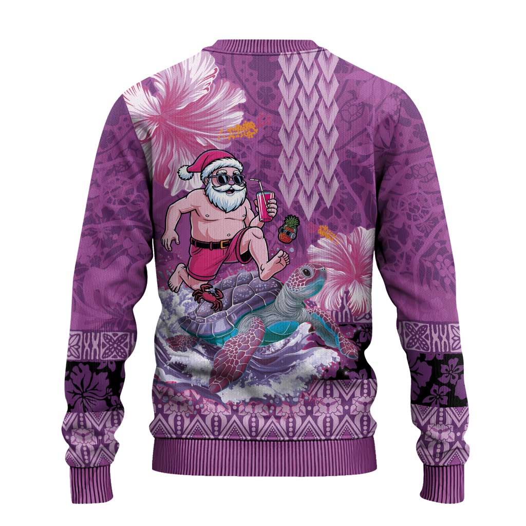 Hawaii Mele Kalikimaka Ugly Christmas Sweater Funny Santa with Tribal Tattoos Kakau Purple Color - Polynesian Pride