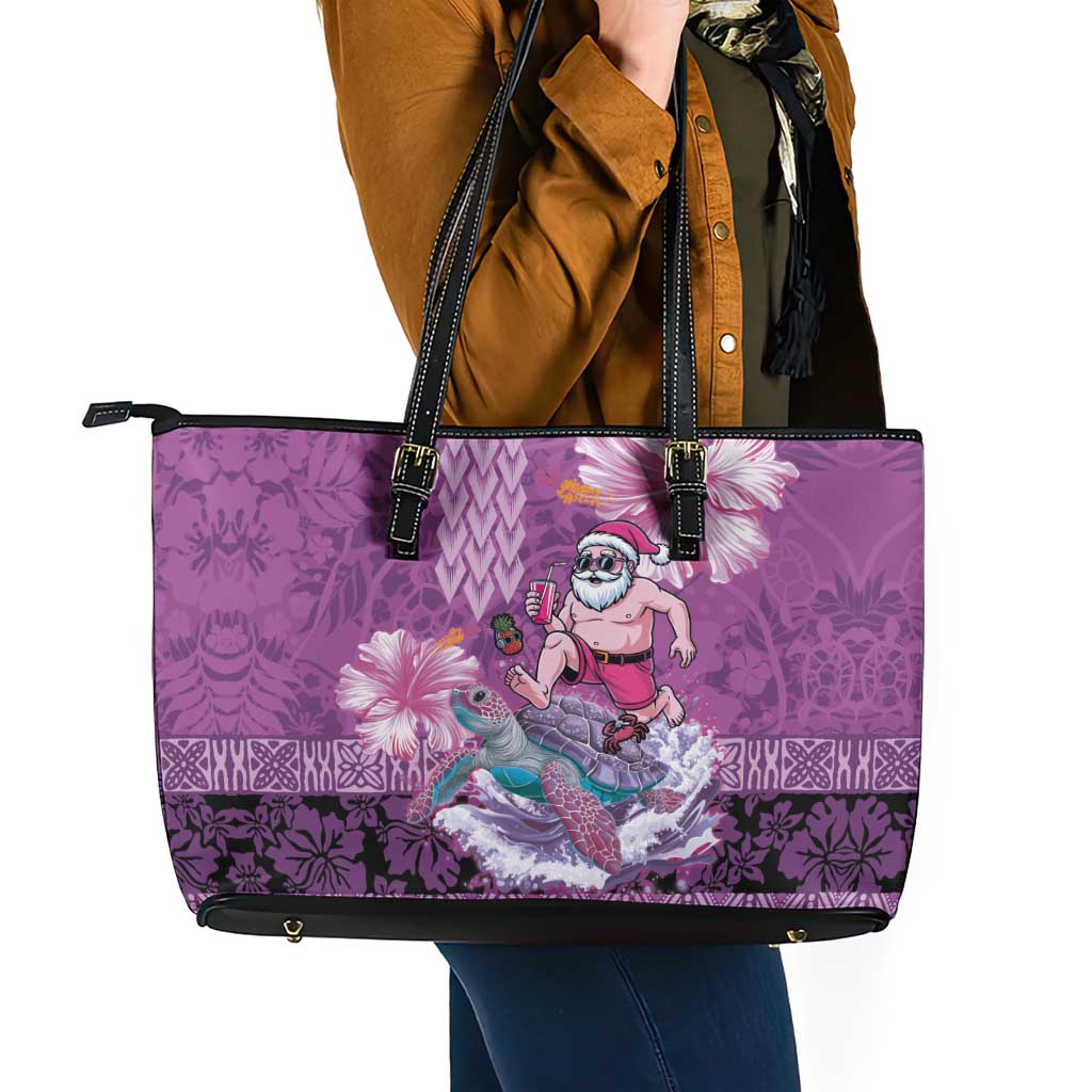 Hawaii Mele Kalikimaka Leather Tote Bag Funny Santa with Tribal Tattoos Kakau Purple Color - Polynesian Pride