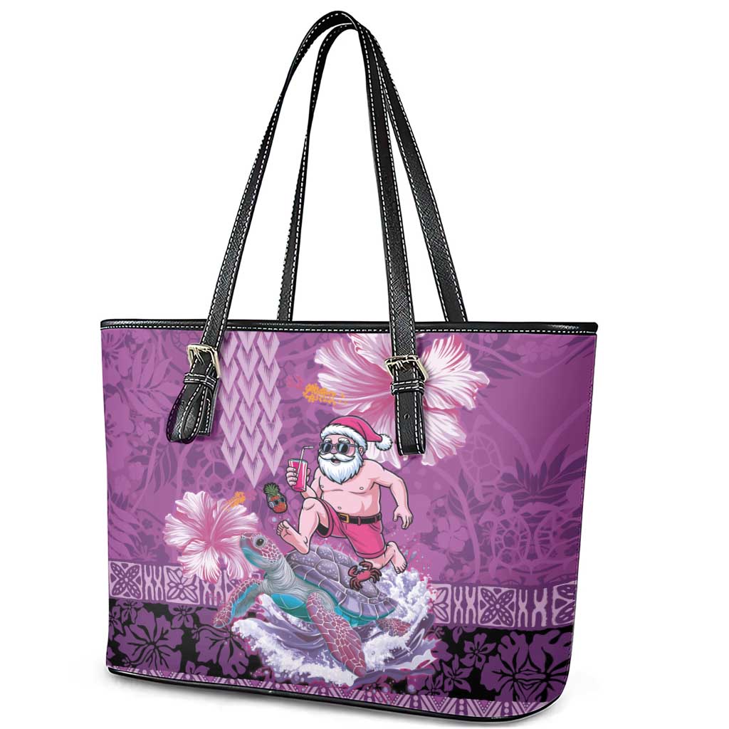 Hawaii Mele Kalikimaka Leather Tote Bag Funny Santa with Tribal Tattoos Kakau Purple Color - Polynesian Pride