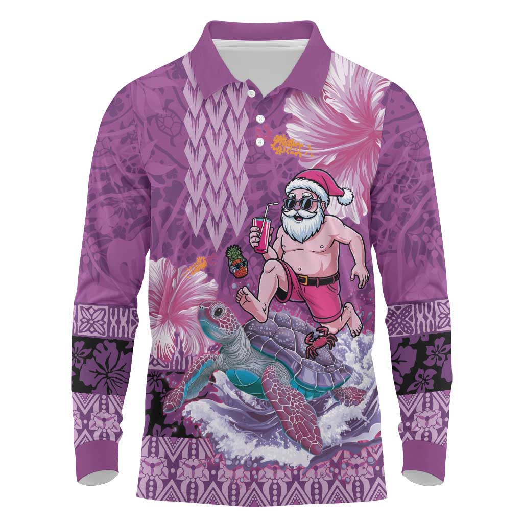 Hawaii Mele Kalikimaka Long Sleeve Polo Shirt Funny Santa with Tribal Tattoos Kakau Purple Color - Polynesian Pride
