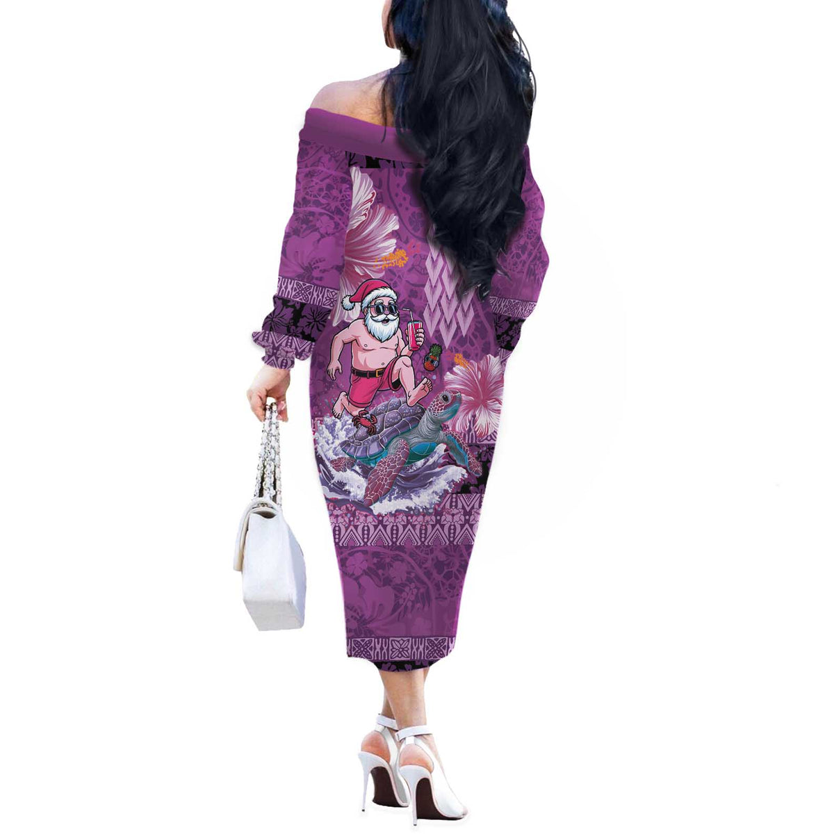 Hawaii Mele Kalikimaka Off The Shoulder Long Sleeve Dress Funny Santa with Tribal Tattoos Kakau Purple Color - Polynesian Pride