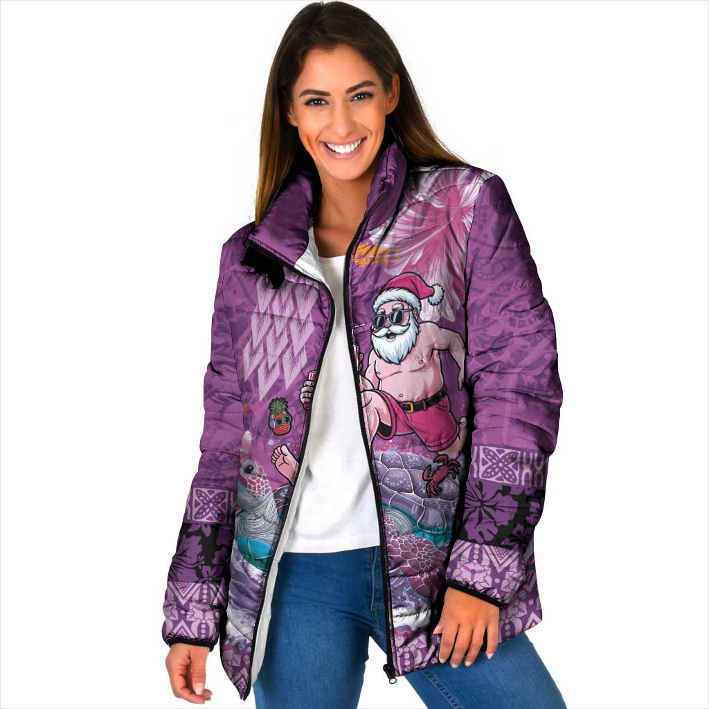 Hawaii Mele Kalikimaka Padded Jacket Funny Santa with Tribal Tattoos Kakau Purple Color - Polynesian Pride