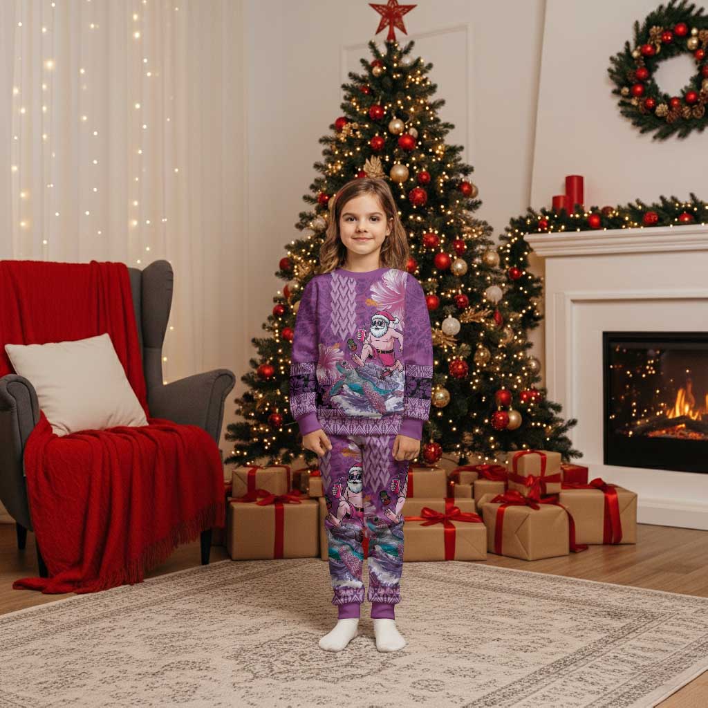 Hawaii Mele Kalikimaka Christmas Pajama Set Funny Santa with Tribal Tattoos Kakau Purple Color - Polynesian Pride