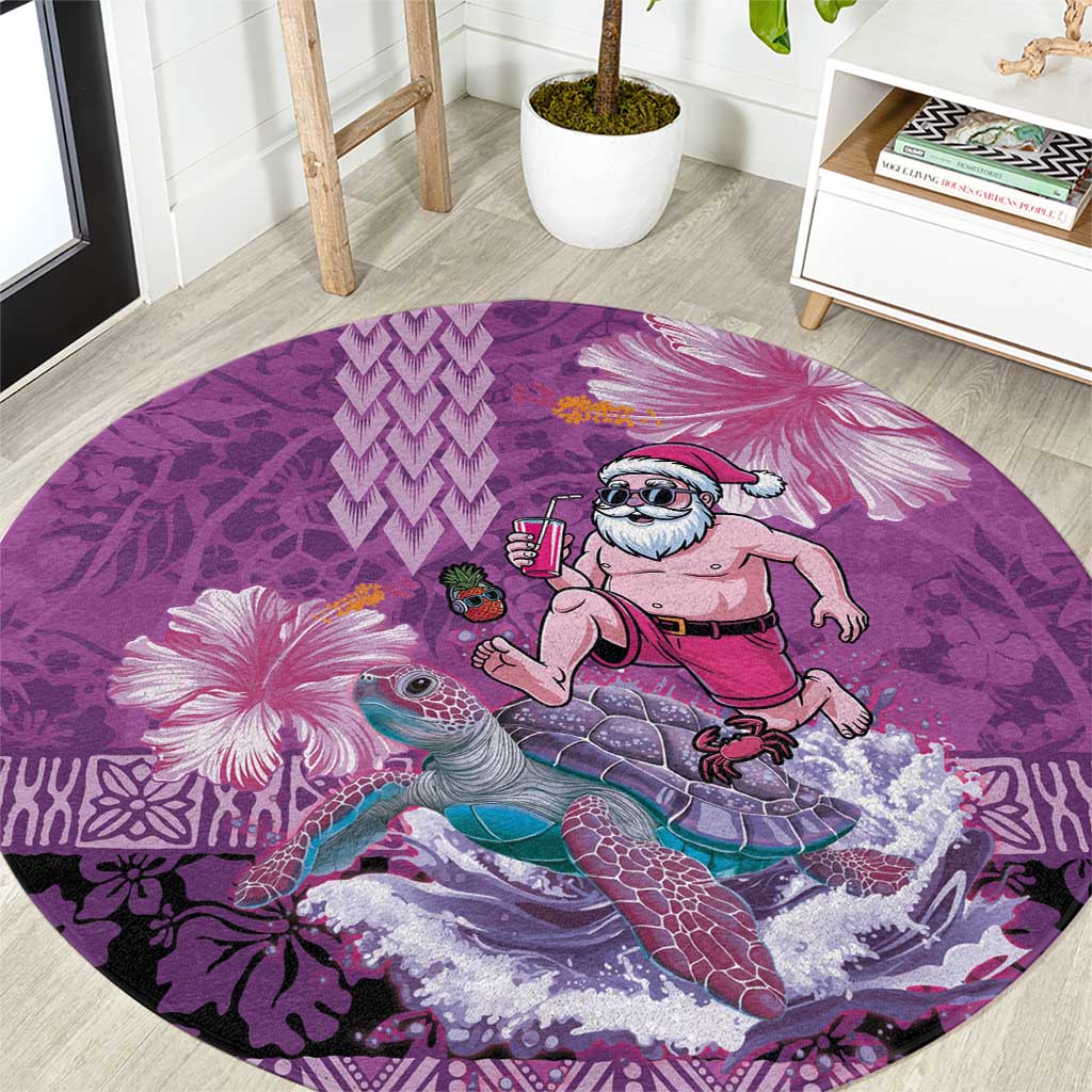 Hawaii Mele Kalikimaka Round Carpet Funny Santa with Tribal Tattoos Kakau Purple Color - Polynesian Pride