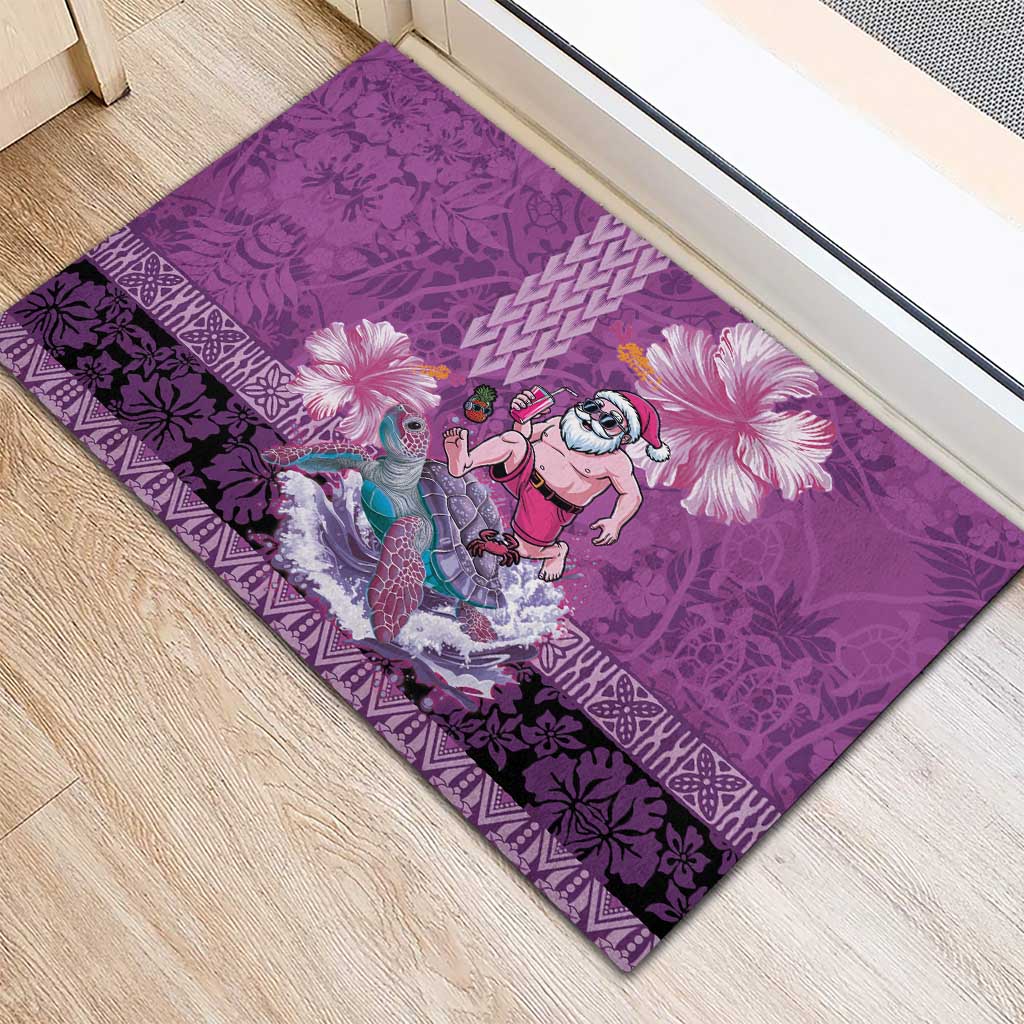 Hawaii Mele Kalikimaka Rubber Doormat Funny Santa with Tribal Tattoos Kakau Purple Color - Polynesian Pride