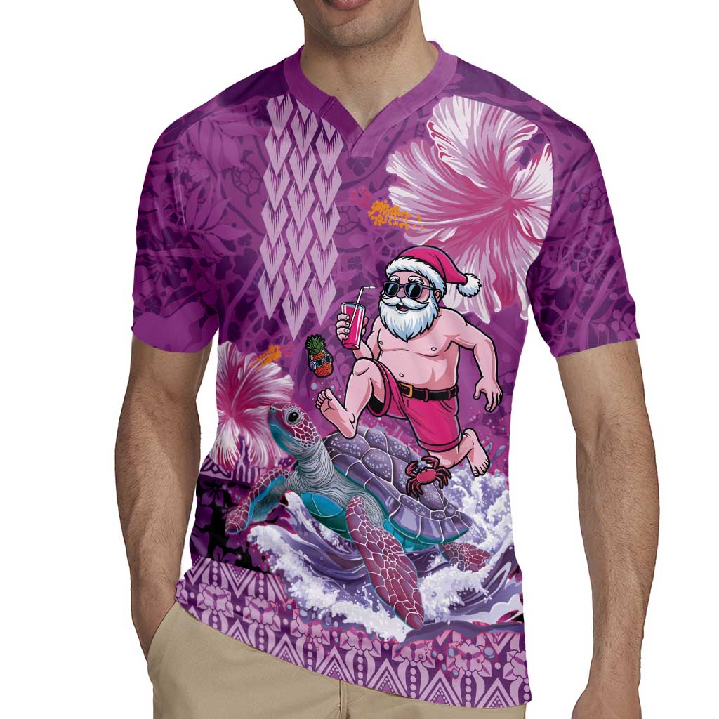 Hawaii Mele Kalikimaka Rugby Jersey Funny Santa with Tribal Tattoos Kakau Purple Color - Polynesian Pride