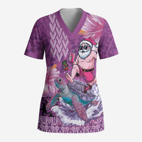 Hawaii Mele Kalikimaka Scrub Top Funny Santa with Tribal Tattoos Kakau Purple Color - Polynesian Pride
