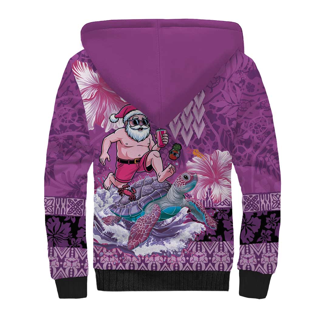 Hawaii Mele Kalikimaka Sherpa Hoodie Funny Santa with Tribal Tattoos Kakau Purple Color - Polynesian Pride