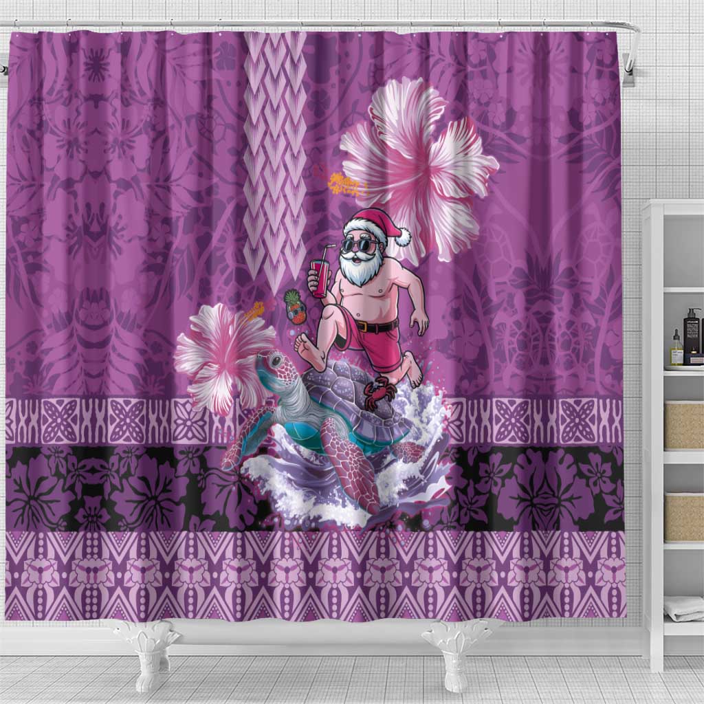 Hawaii Mele Kalikimaka Shower Curtain Funny Santa with Tribal Tattoos Kakau Purple Color - Polynesian Pride