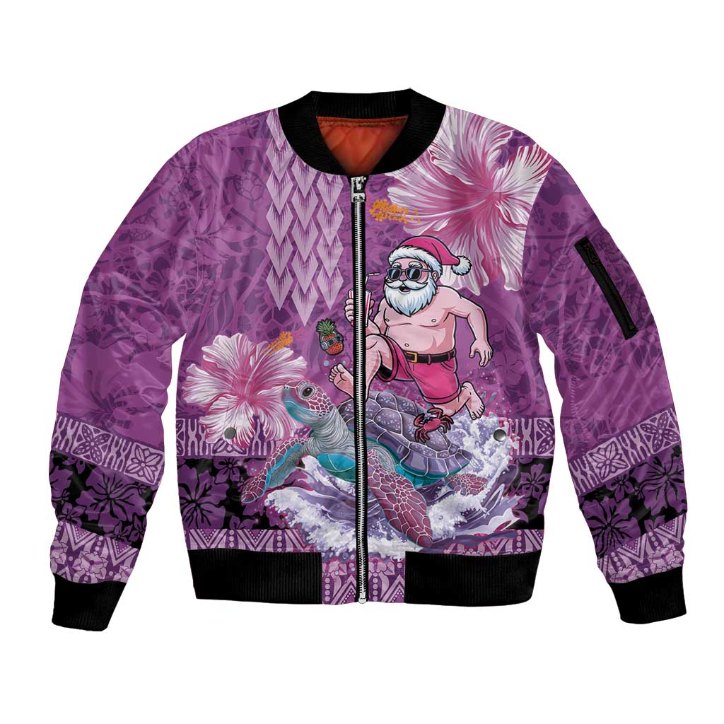 Hawaii Mele Kalikimaka Sleeve Zip Bomber Jacket Funny Santa with Tribal Tattoos Kakau Purple Color - Polynesian Pride