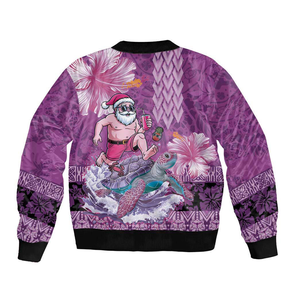 Hawaii Mele Kalikimaka Sleeve Zip Bomber Jacket Funny Santa with Tribal Tattoos Kakau Purple Color - Polynesian Pride