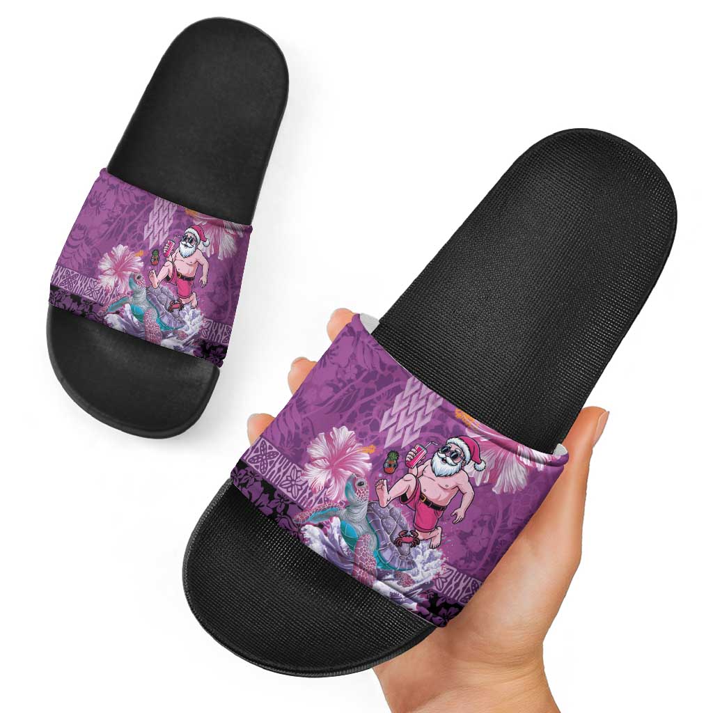 Hawaii Mele Kalikimaka Slide Sandals Funny Santa with Tribal Tattoos Kakau Purple Color - Polynesian Pride