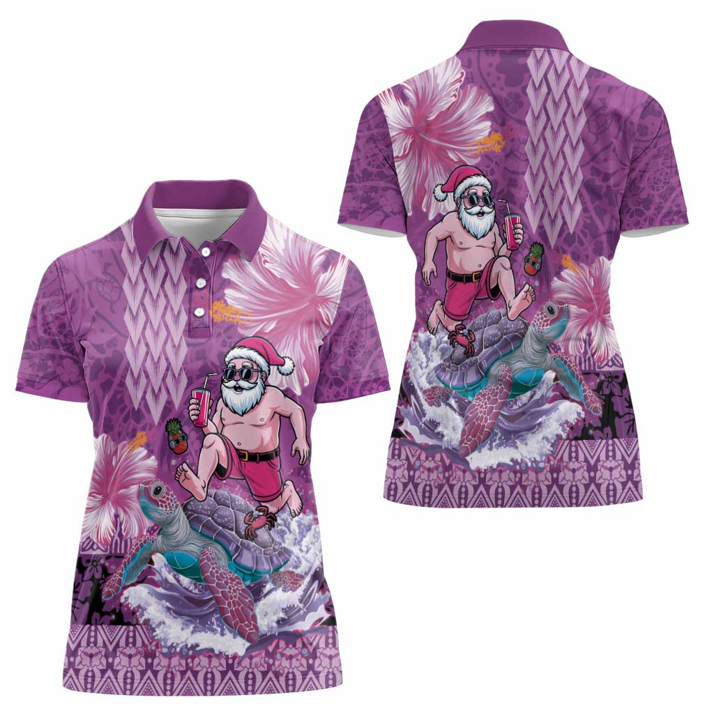 Hawaii Mele Kalikimaka Women Polo Shirt Funny Santa with Tribal Tattoos Kakau Purple Color - Polynesian Pride