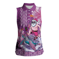 Hawaii Mele Kalikimaka Women Sleeveless Polo Shirt Funny Santa with Tribal Tattoos Kakau Purple Color - Polynesian Pride