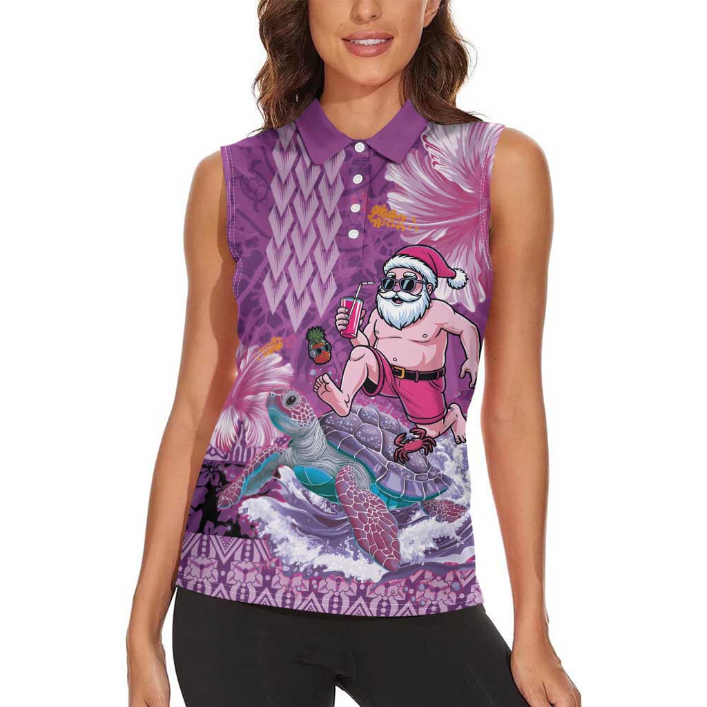 Hawaii Mele Kalikimaka Women Sleeveless Polo Shirt Funny Santa with Tribal Tattoos Kakau Purple Color - Polynesian Pride