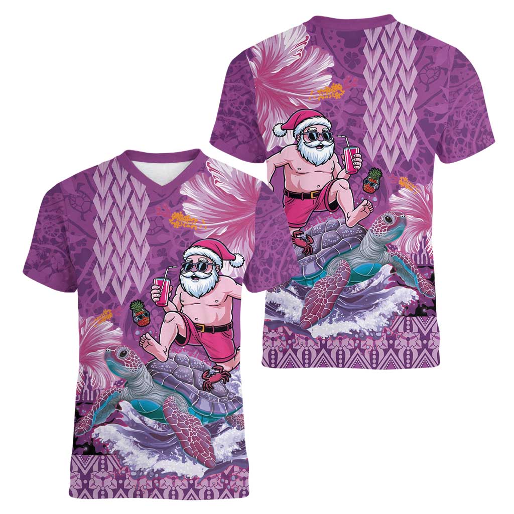 Hawaii Mele Kalikimaka Women V-Neck T-Shirt Funny Santa with Tribal Tattoos Kakau Purple Color - Polynesian Pride