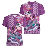 Hawaii Mele Kalikimaka Women V-Neck T-Shirt Funny Santa with Tribal Tattoos Kakau Purple Color - Polynesian Pride