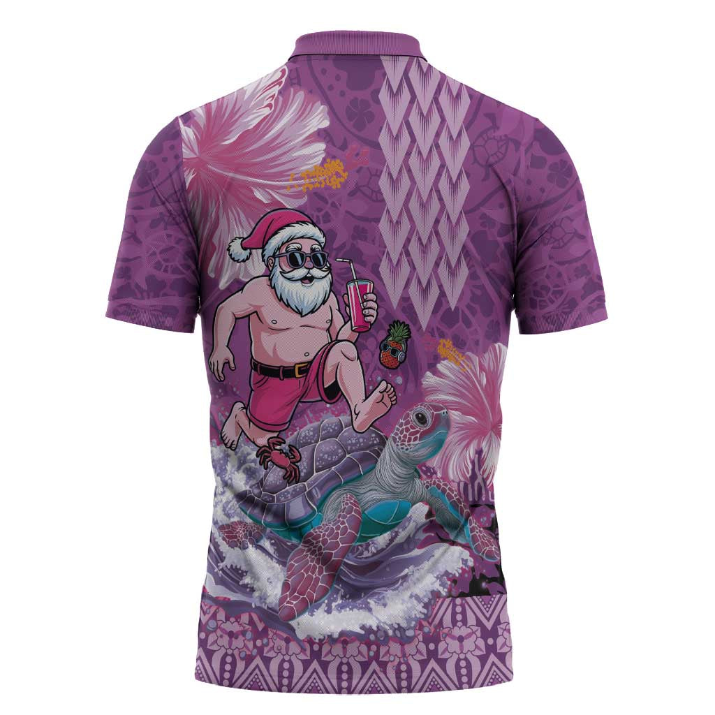 Hawaii Mele Kalikimaka Zipper Polo Shirt Funny Santa with Tribal Tattoos Kakau Purple Color - Polynesian Pride