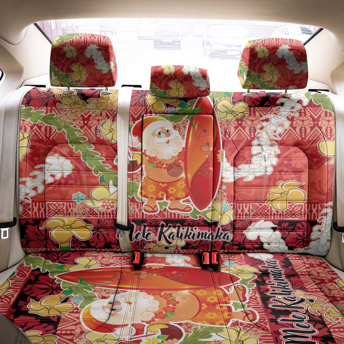 Hawaii Santa Mele Kalikimaka Back Car Seat Cover Tropical Puakenikeni Lei with Polynesian Tribal Pattern - Polynesian Pride