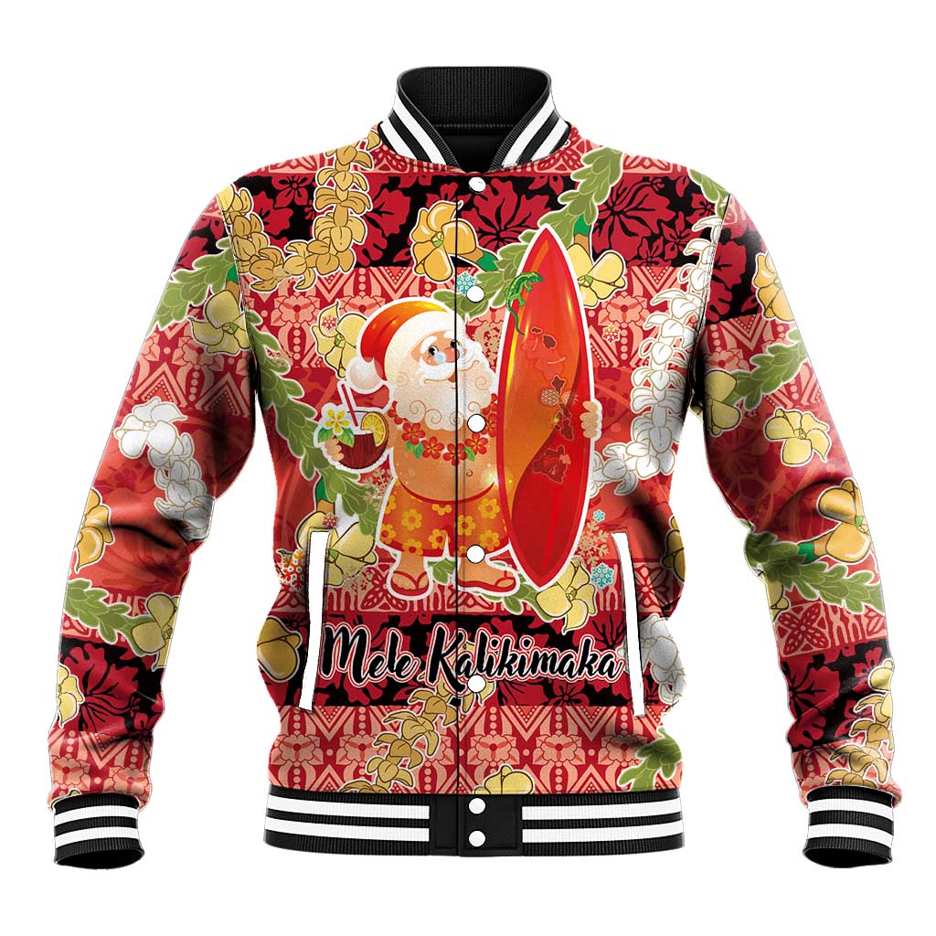 Hawaii Santa Mele Kalikimaka Baseball Jacket Tropical Puakenikeni Lei with Polynesian Tribal Pattern - Polynesian Pride