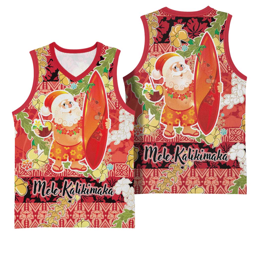 Hawaii Santa Mele Kalikimaka Basketball Jersey Tropical Puakenikeni Lei with Polynesian Tribal Pattern - Polynesian Pride