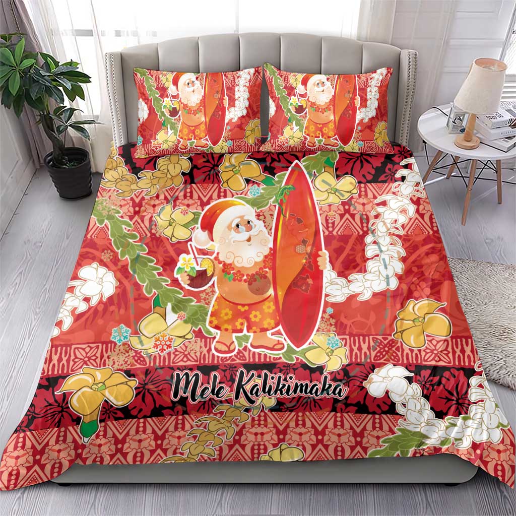 Hawaii Santa Mele Kalikimaka Bedding Set Tropical Puakenikeni Lei with Polynesian Tribal Pattern - Polynesian Pride