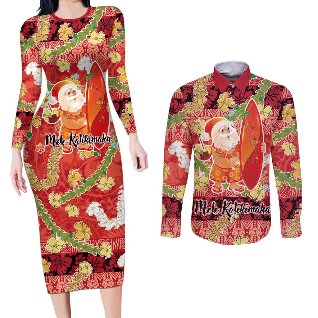Hawaii Santa Mele Kalikimaka Couples Matching Long Sleeve Bodycon Dress and Long Sleeve Button Shirt Tropical Puakenikeni Lei with Polynesian Tribal Pattern - Polynesian Pride