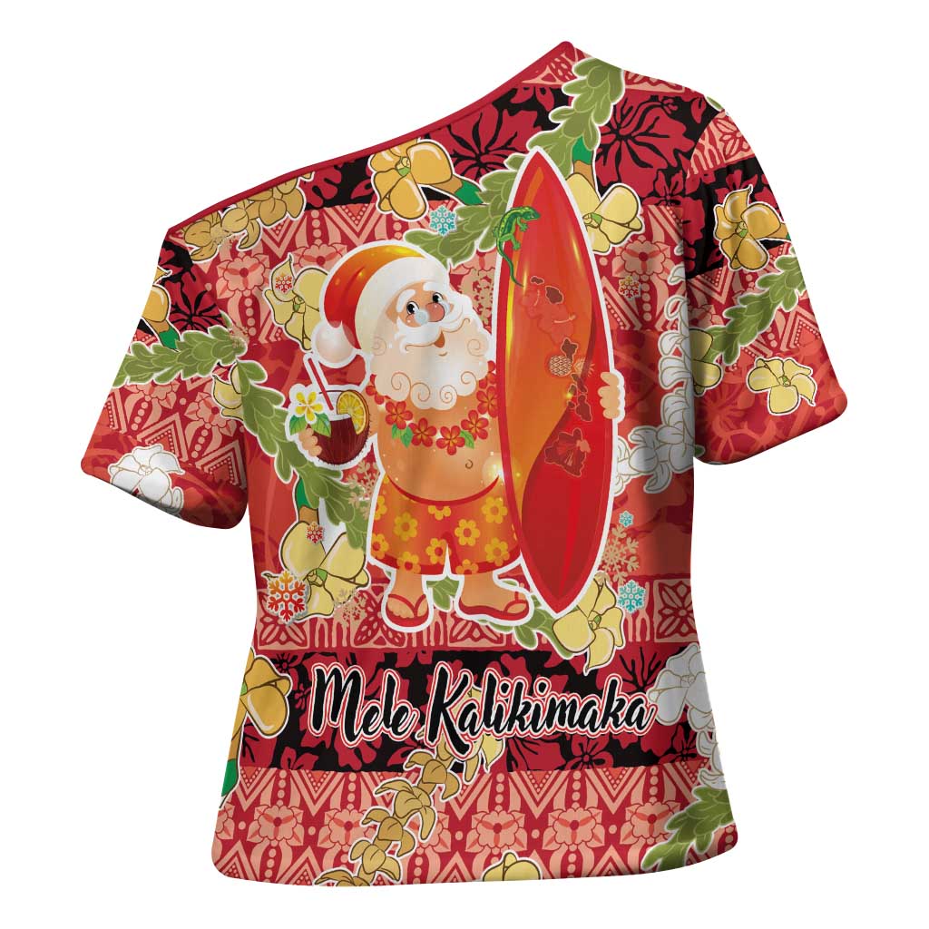 Hawaii Santa Mele Kalikimaka Cross Shoulder Shirt Tropical Puakenikeni Lei with Polynesian Tribal Pattern - Polynesian Pride