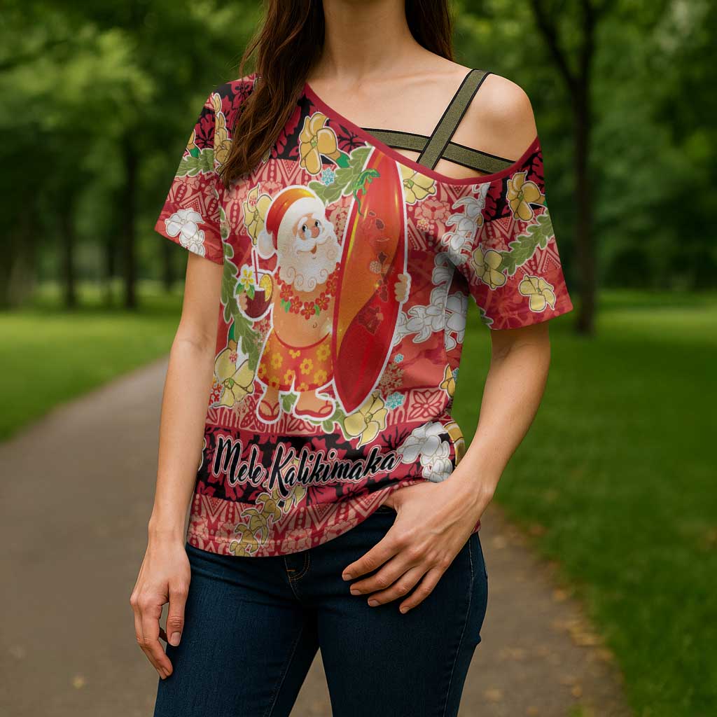 Hawaii Santa Mele Kalikimaka Cross Shoulder Shirt Tropical Puakenikeni Lei with Polynesian Tribal Pattern - Polynesian Pride