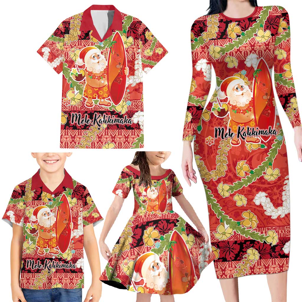 Hawaii Santa Mele Kalikimaka Family Matching Long Sleeve Bodycon Dress and Hawaiian Shirt Tropical Puakenikeni Lei with Polynesian Tribal Pattern - Polynesian Pride