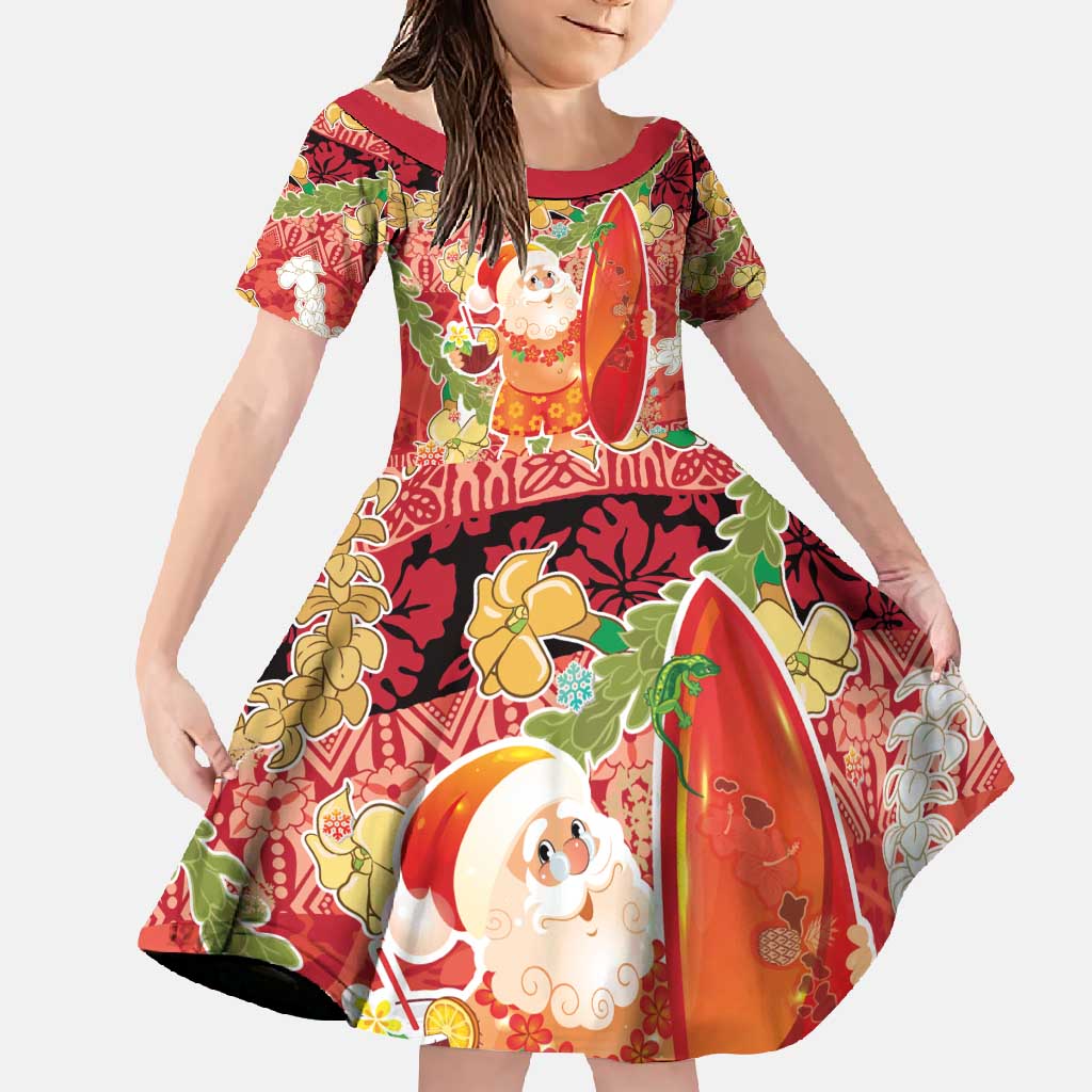 Hawaii Santa Mele Kalikimaka Family Matching Off Shoulder Maxi Dress and Hawaiian Shirt Tropical Puakenikeni Lei with Polynesian Tribal Pattern - Polynesian Pride