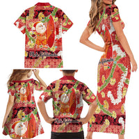 Hawaii Santa Mele Kalikimaka Family Matching Short Sleeve Bodycon Dress and Hawaiian Shirt Tropical Puakenikeni Lei with Polynesian Tribal Pattern - Polynesian Pride