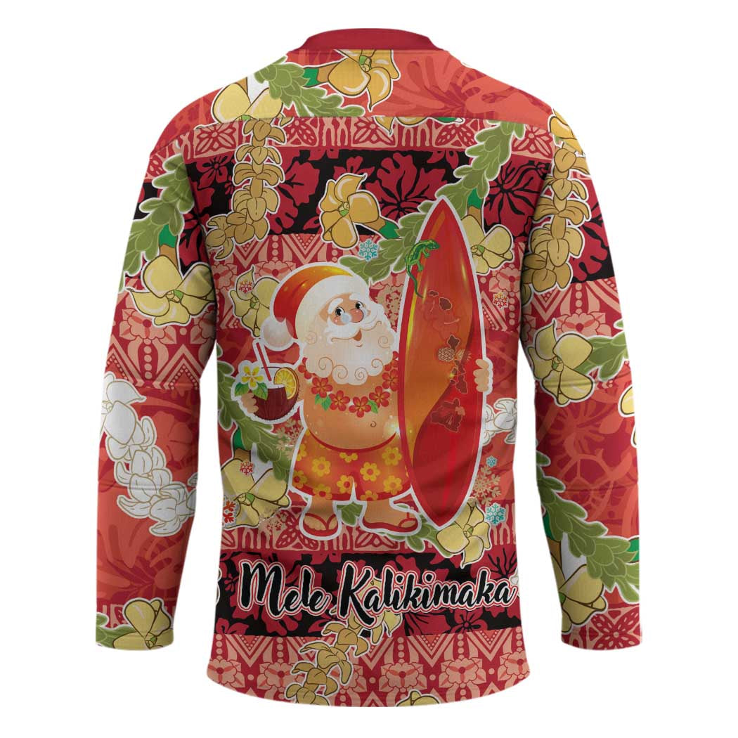 Hawaii Santa Mele Kalikimaka Hockey Jersey Tropical Puakenikeni Lei with Polynesian Tribal Pattern - Polynesian Pride