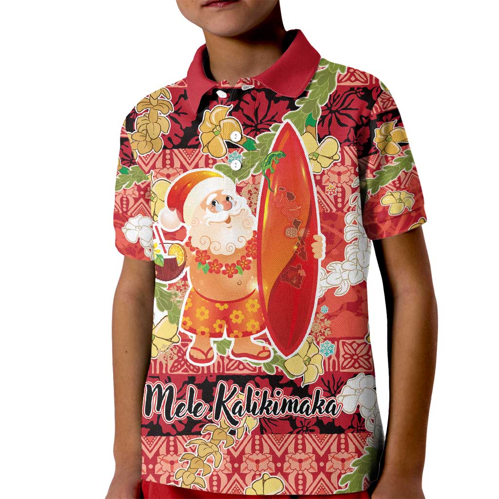 Hawaii Santa Mele Kalikimaka Kid Polo Shirt Tropical Puakenikeni Lei with Polynesian Tribal Pattern - Polynesian Pride