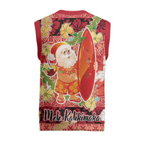 Hawaii Santa Mele Kalikimaka Christmas Knitted V-Neck Vest Tropical Puakenikeni Lei with Polynesian Tribal Pattern - Polynesian Pride