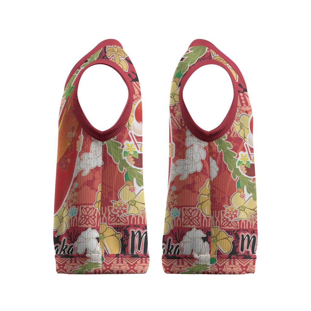 Hawaii Santa Mele Kalikimaka Christmas Knitted V-Neck Vest Tropical Puakenikeni Lei with Polynesian Tribal Pattern - Polynesian Pride