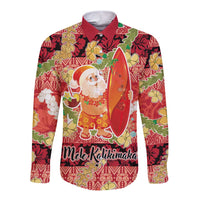 Hawaii Santa Mele Kalikimaka Long Sleeve Button Shirt Tropical Puakenikeni Lei with Polynesian Tribal Pattern - Polynesian Pride