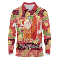Hawaii Santa Mele Kalikimaka Long Sleeve Polo Shirt Tropical Puakenikeni Lei with Polynesian Tribal Pattern - Polynesian Pride