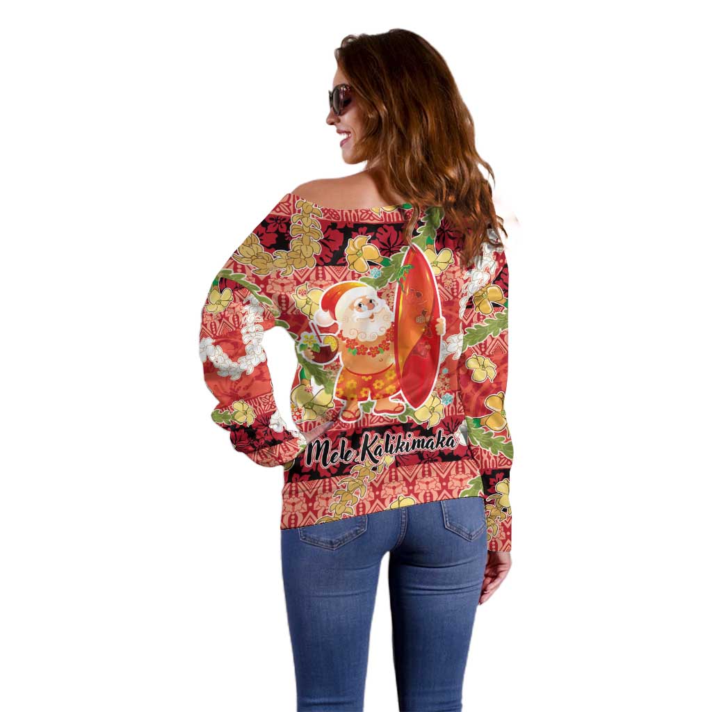 Hawaii Santa Mele Kalikimaka Off Shoulder Sweater Tropical Puakenikeni Lei with Polynesian Tribal Pattern - Polynesian Pride