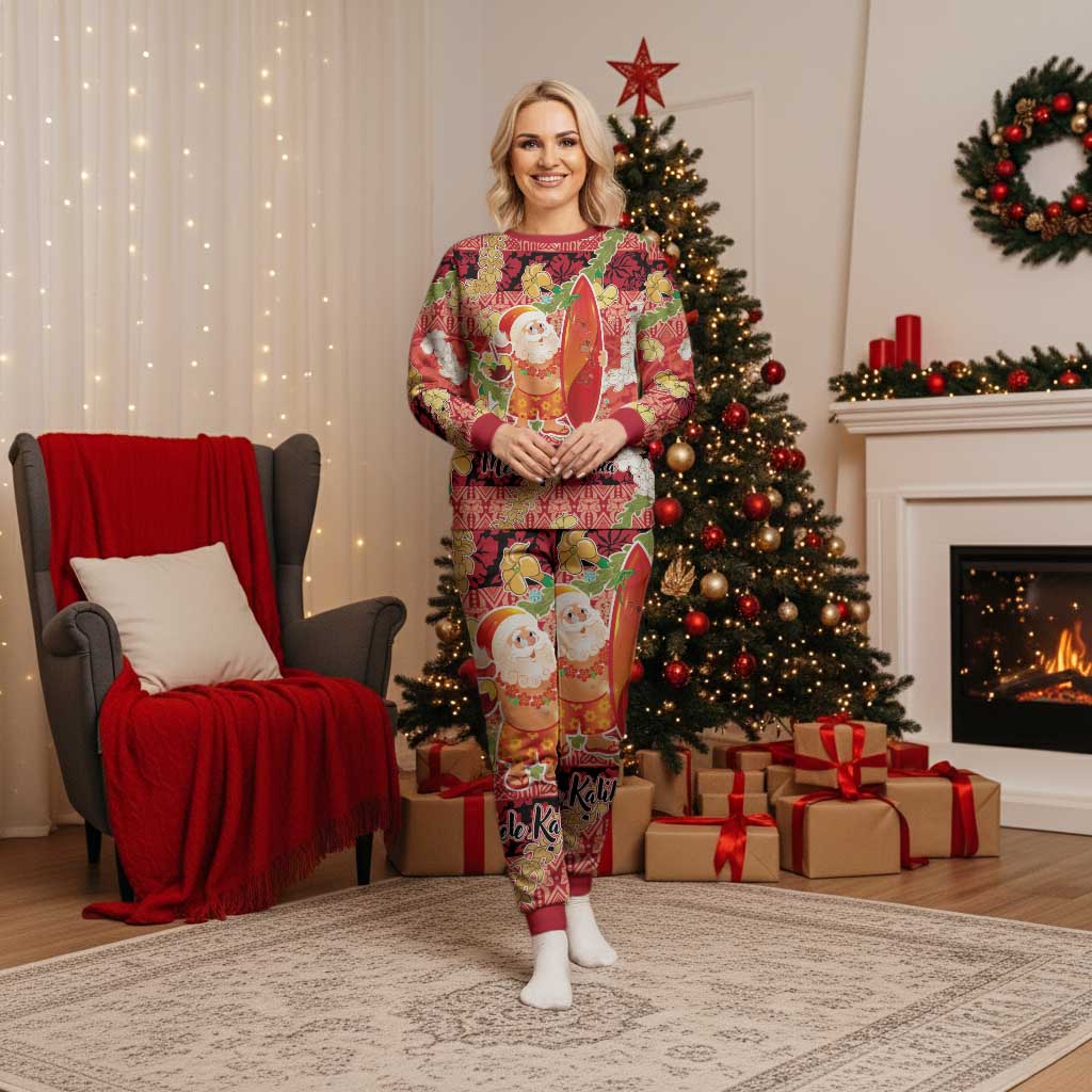 Hawaii Santa Mele Kalikimaka Christmas Pajama Set Tropical Puakenikeni Lei with Polynesian Tribal Pattern - Polynesian Pride