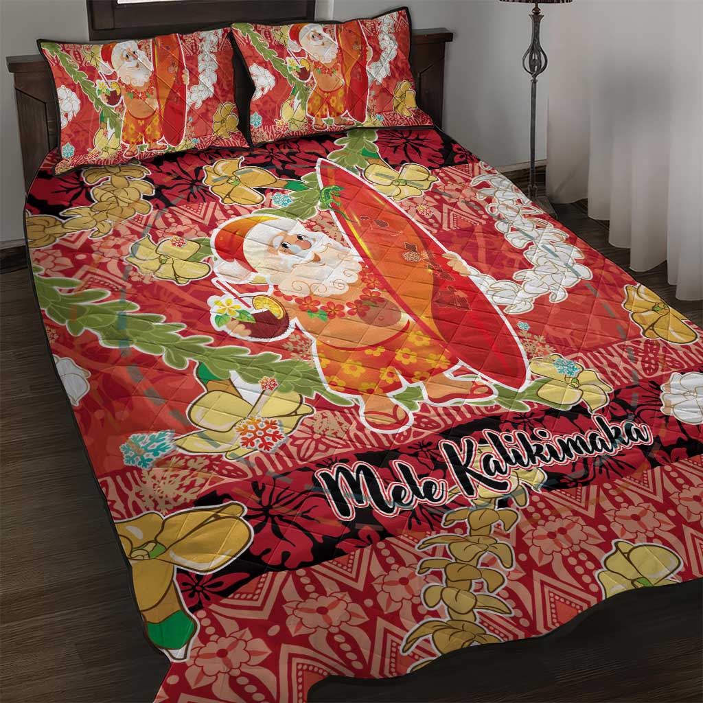 Hawaii Santa Mele Kalikimaka Quilt Bed Set Tropical Puakenikeni Lei with Polynesian Tribal Pattern - Polynesian Pride