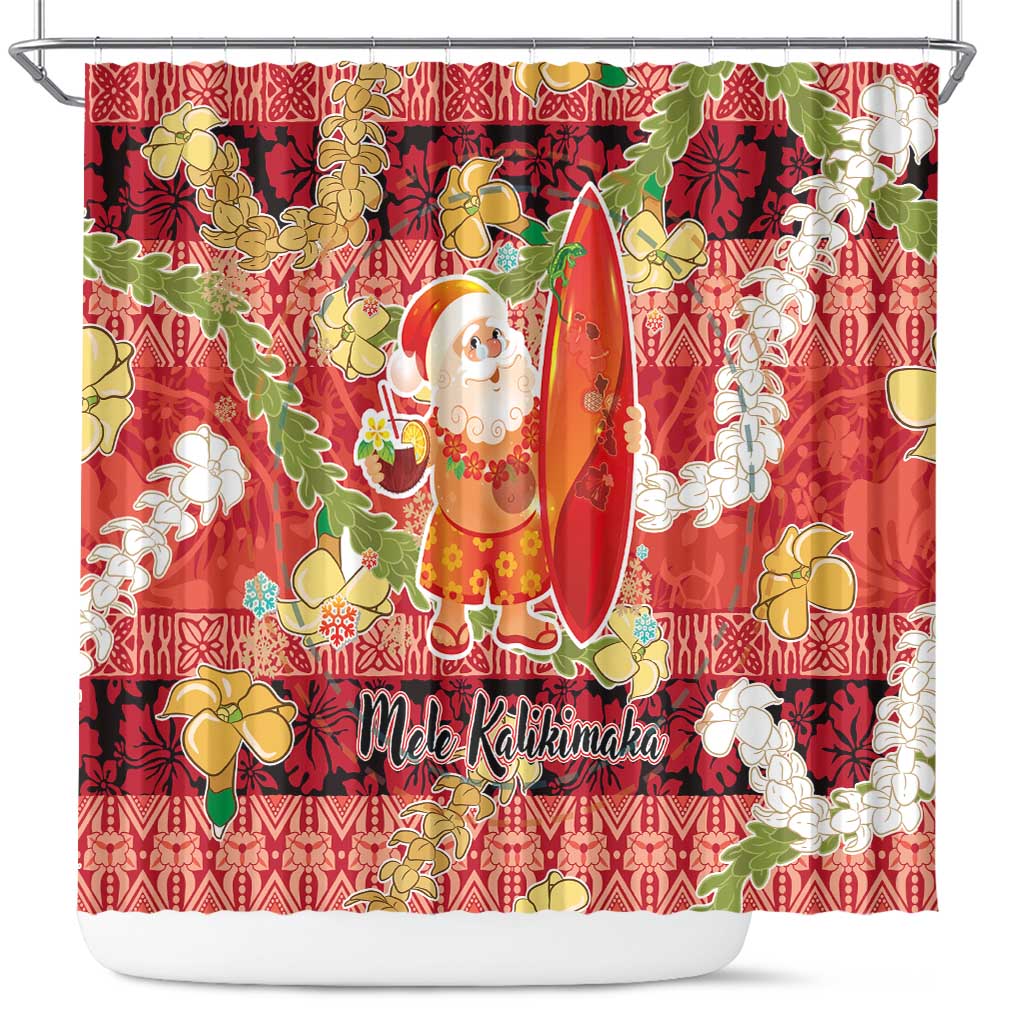 Hawaii Santa Mele Kalikimaka Shower Curtain Tropical Puakenikeni Lei with Polynesian Tribal Pattern - Polynesian Pride