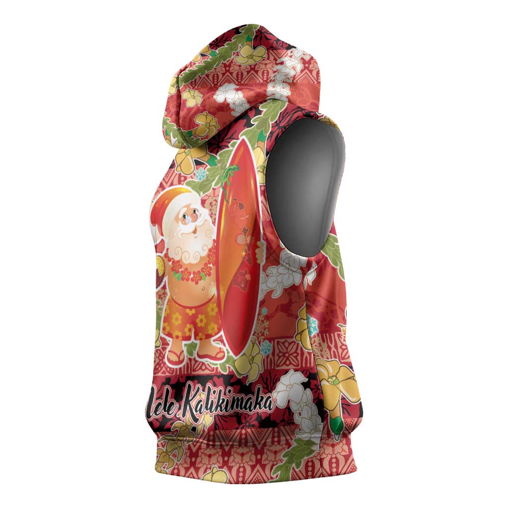 Hawaii Santa Mele Kalikimaka Sleeveless Hoodie Tropical Puakenikeni Lei with Polynesian Tribal Pattern - Polynesian Pride