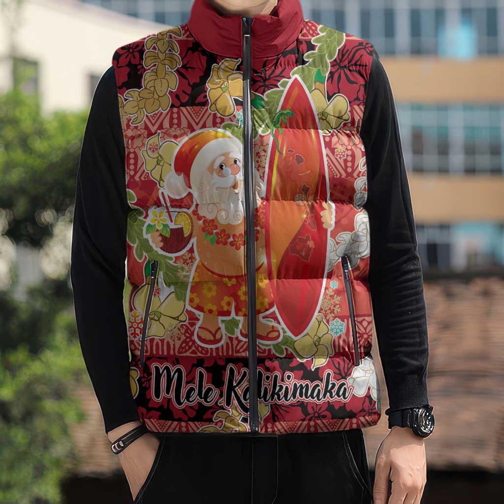 Hawaii Santa Mele Kalikimaka Sleeveless Puffer Jacket Tropical Puakenikeni Lei with Polynesian Tribal Pattern - Polynesian Pride